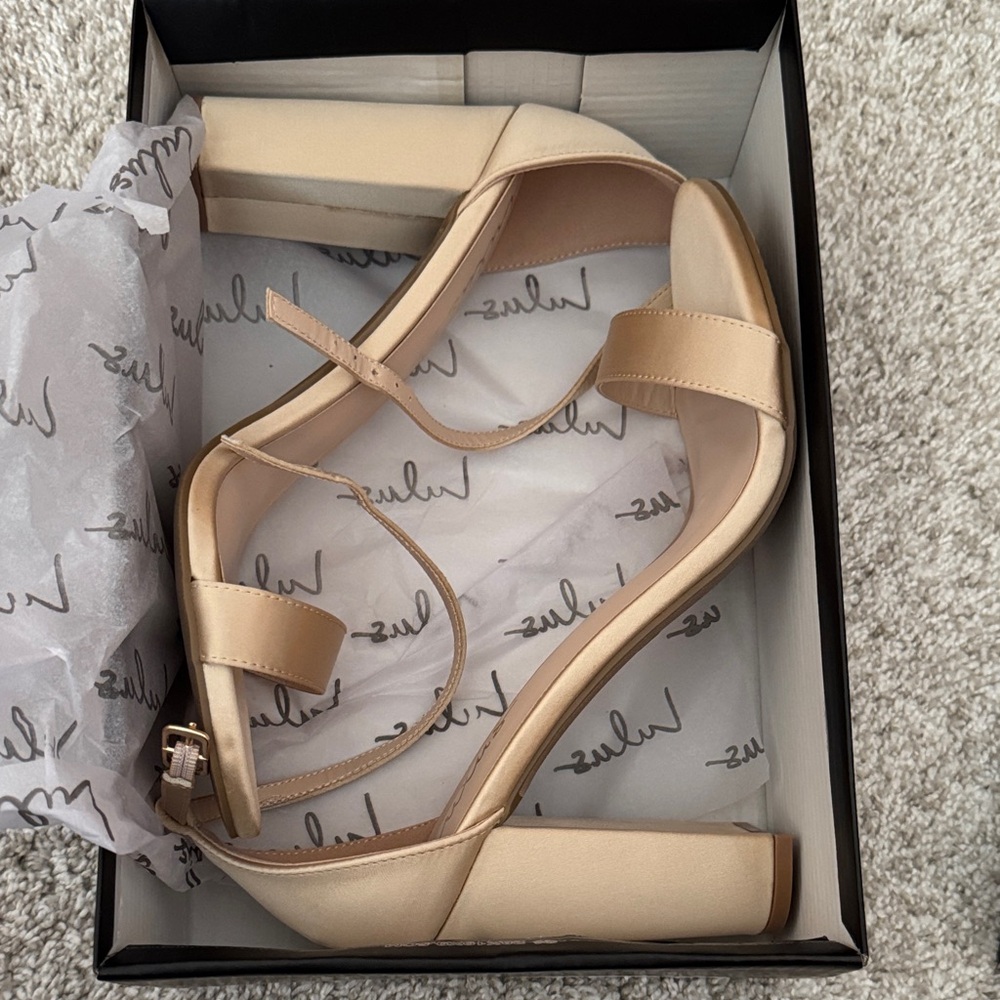 Lulu's Champagne Satin Block Heel Sandals